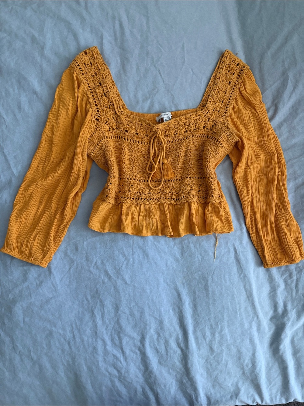 American Eagle Outfitters Mustard Crochet Tie-Front Blouse